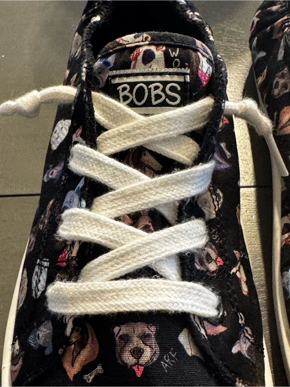 Skechers BOBS black canvas sneakers with multicolor dog print white accents 9.5. - Picture 3 of 12